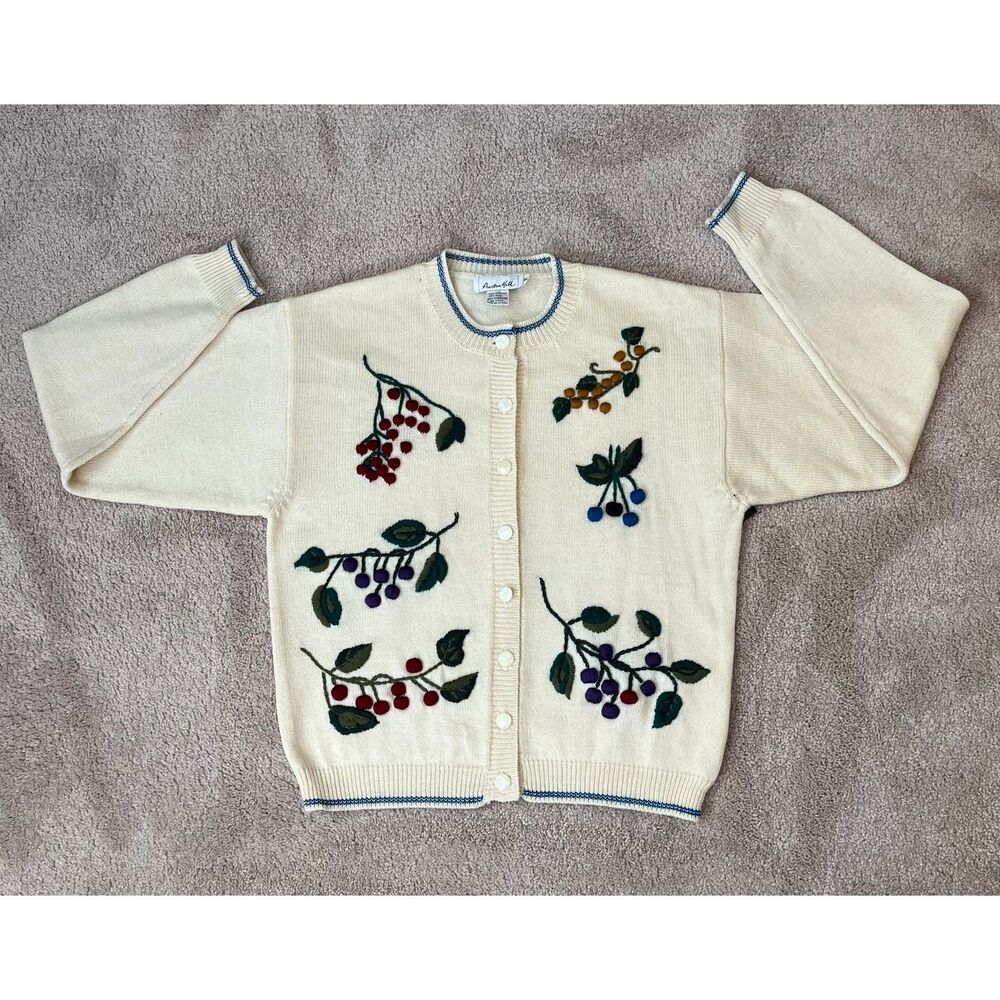 Vintage Austin Hill Embroidered Cream Cardigan Sweater Wool Blend Size Small - Picture 2 of 9